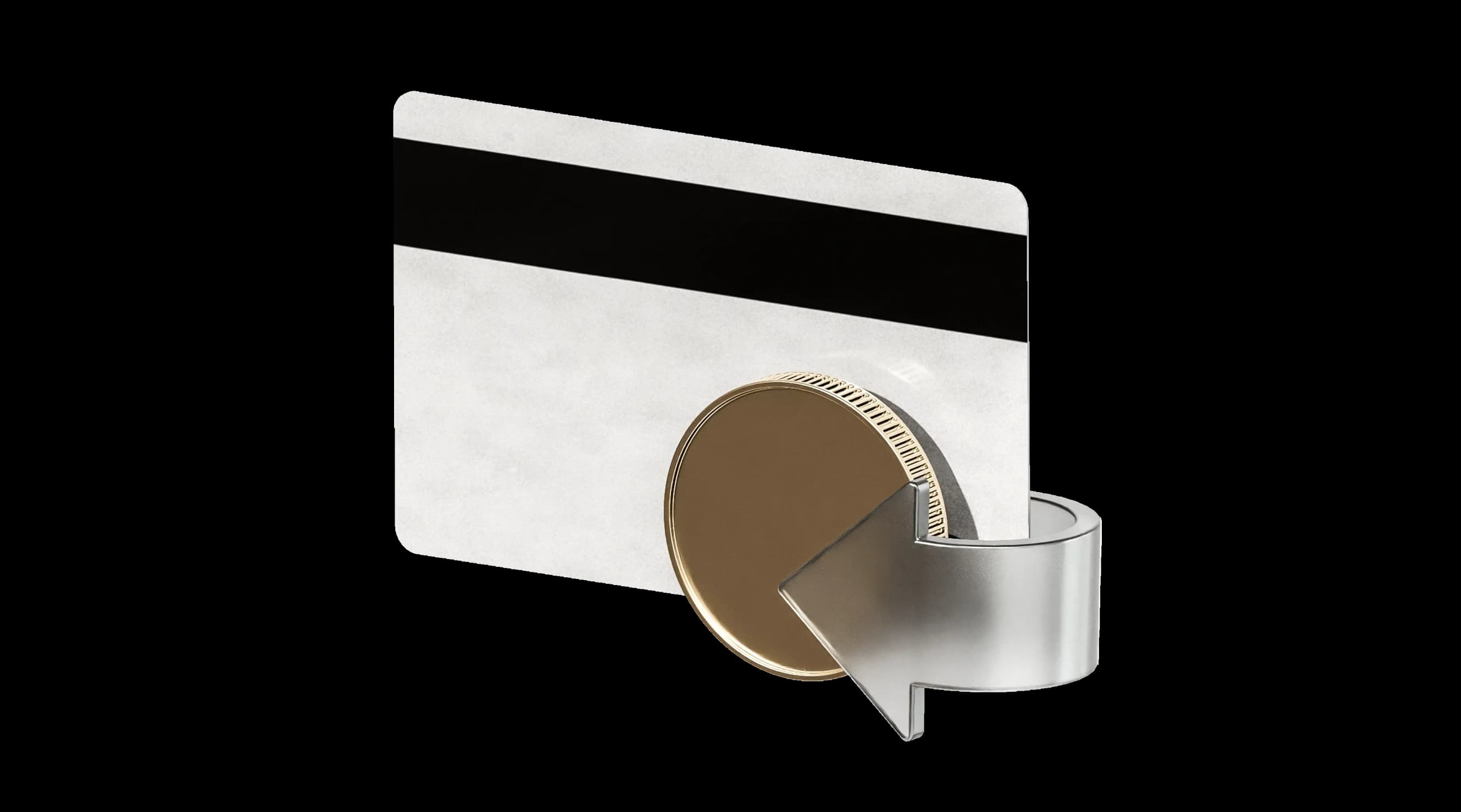 Банківська картка та золота монета поруч із металевою стрілкою, спрямованою вниз і вліво Банківська картка та золота монета поруч із металевою стрілкою, спрямованою вниз і вліво