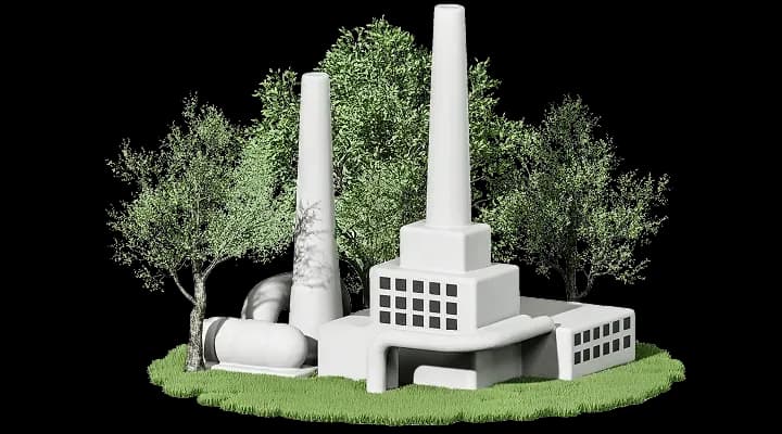 Промисловий комплекс із трубами, оточений зеленими деревами та газоном Промисловий комплекс із трубами, оточений зеленими деревами та газоном