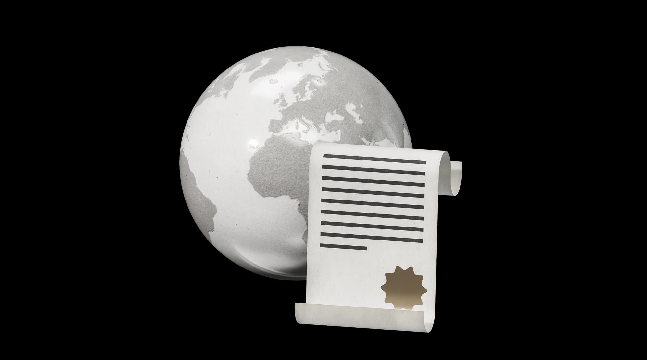 Глобус у світлих тонах поруч із сувоєм документа з текстом та золотою печаткою Глобус у світлих тонах поруч із сувоєм документа з текстом та золотою печаткою