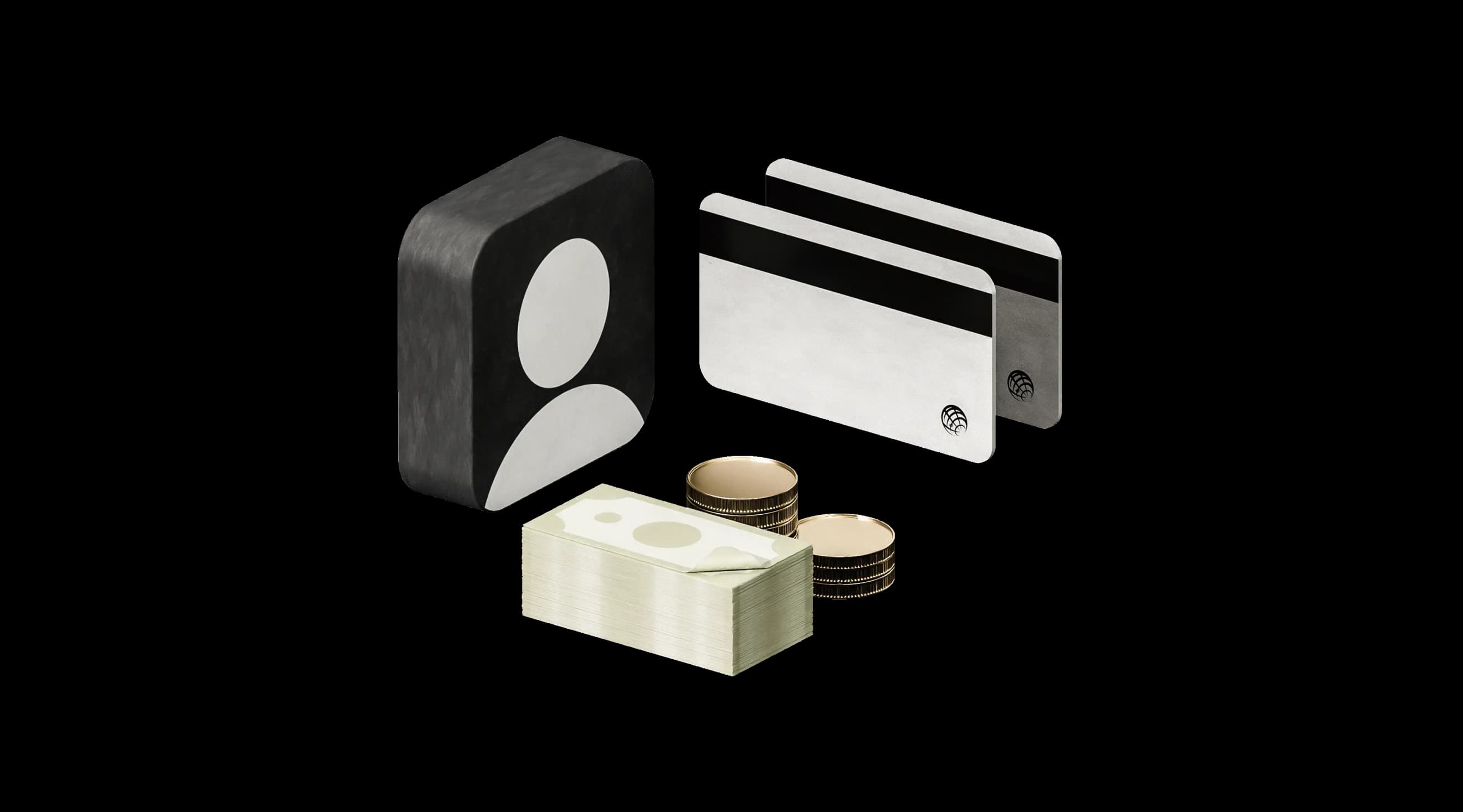 Піктограма профілю поряд із картками, стопкою купюр та монетами Піктограма профілю поряд із картками, стопкою купюр та монетами