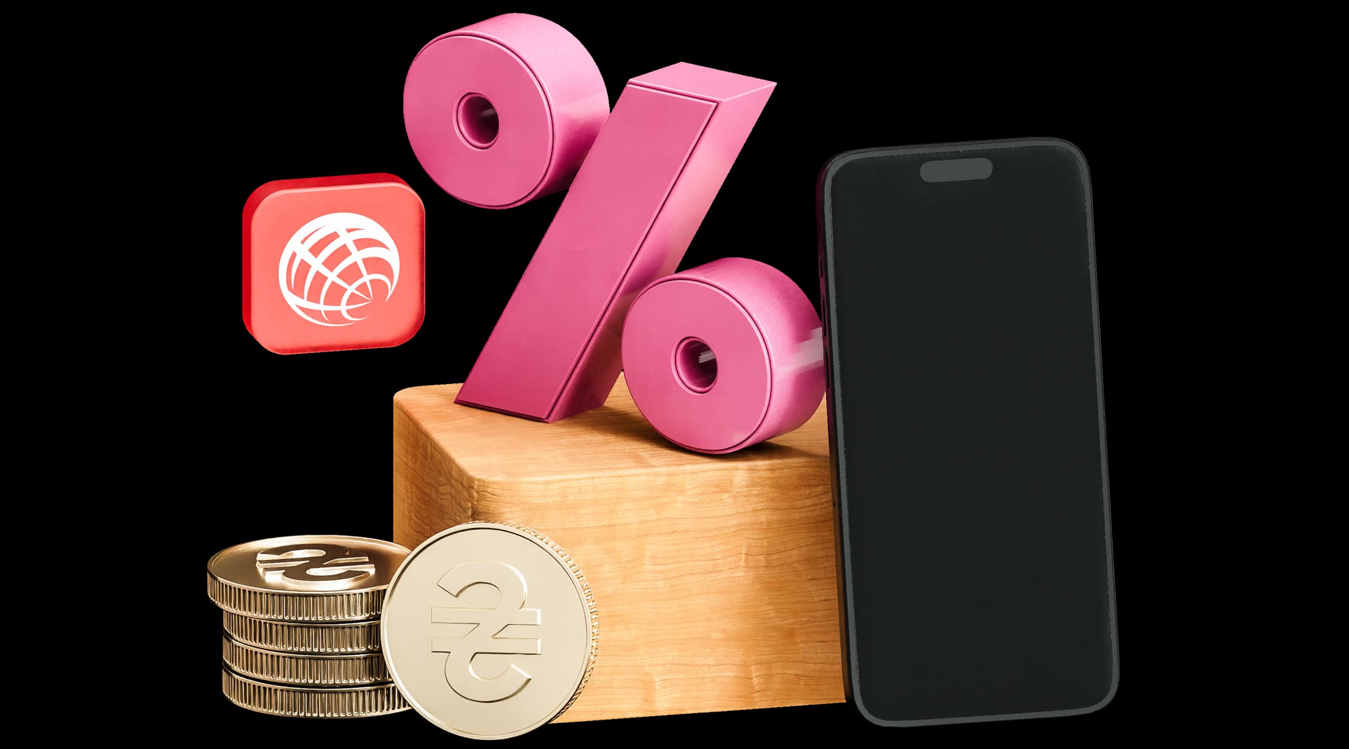 Рожевий символ відсотка стоїть на блоці поруч зі смартфоном, монетами та значком ProCredit Bank Рожевий символ відсотка стоїть на блоці поруч зі смартфоном, монетами та значком ProCredit Bank