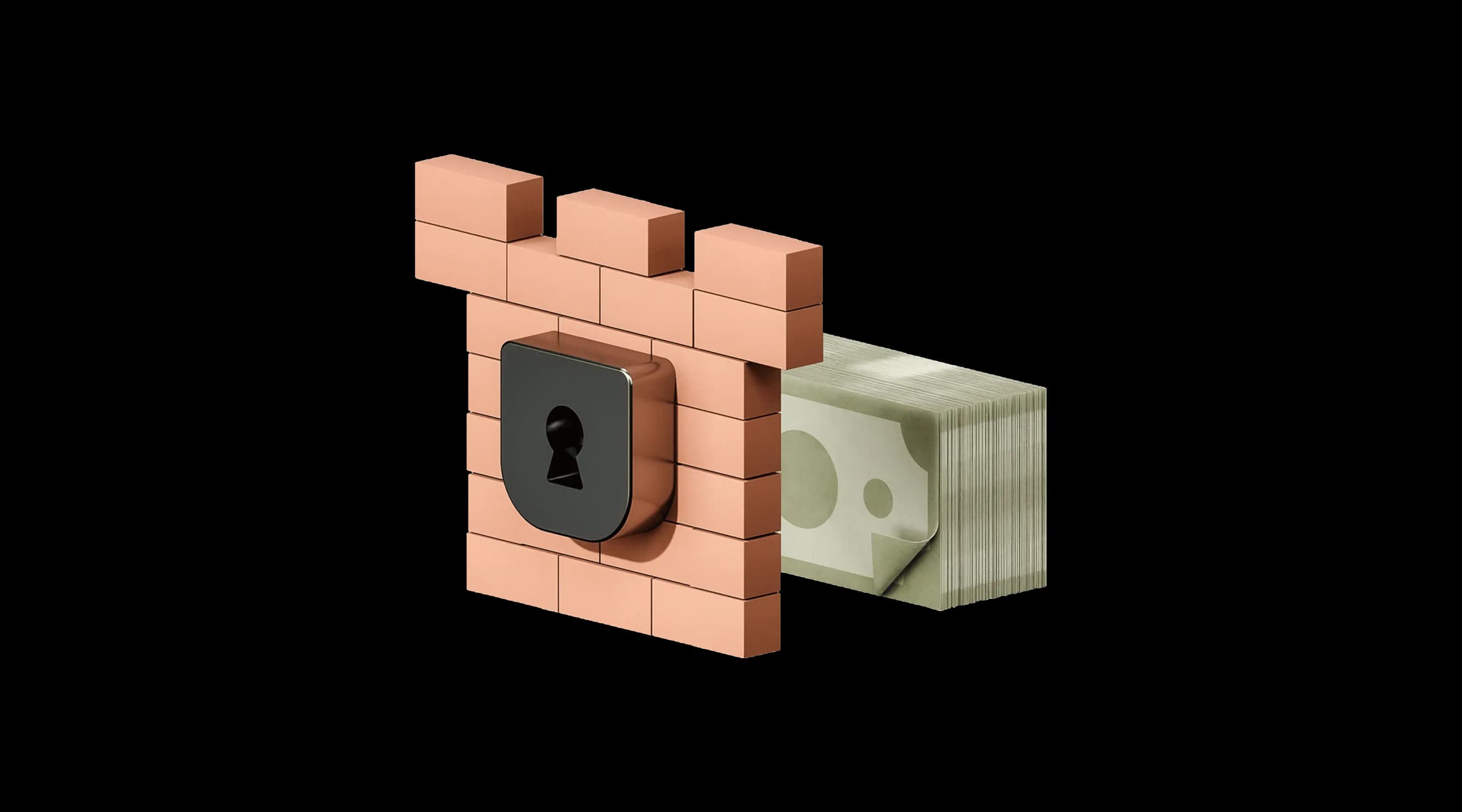 Стос банкнот частково прихований за стіною з цеглин із вбудованим замком Стос банкнот частково прихований за стіною з цеглин із вбудованим замком