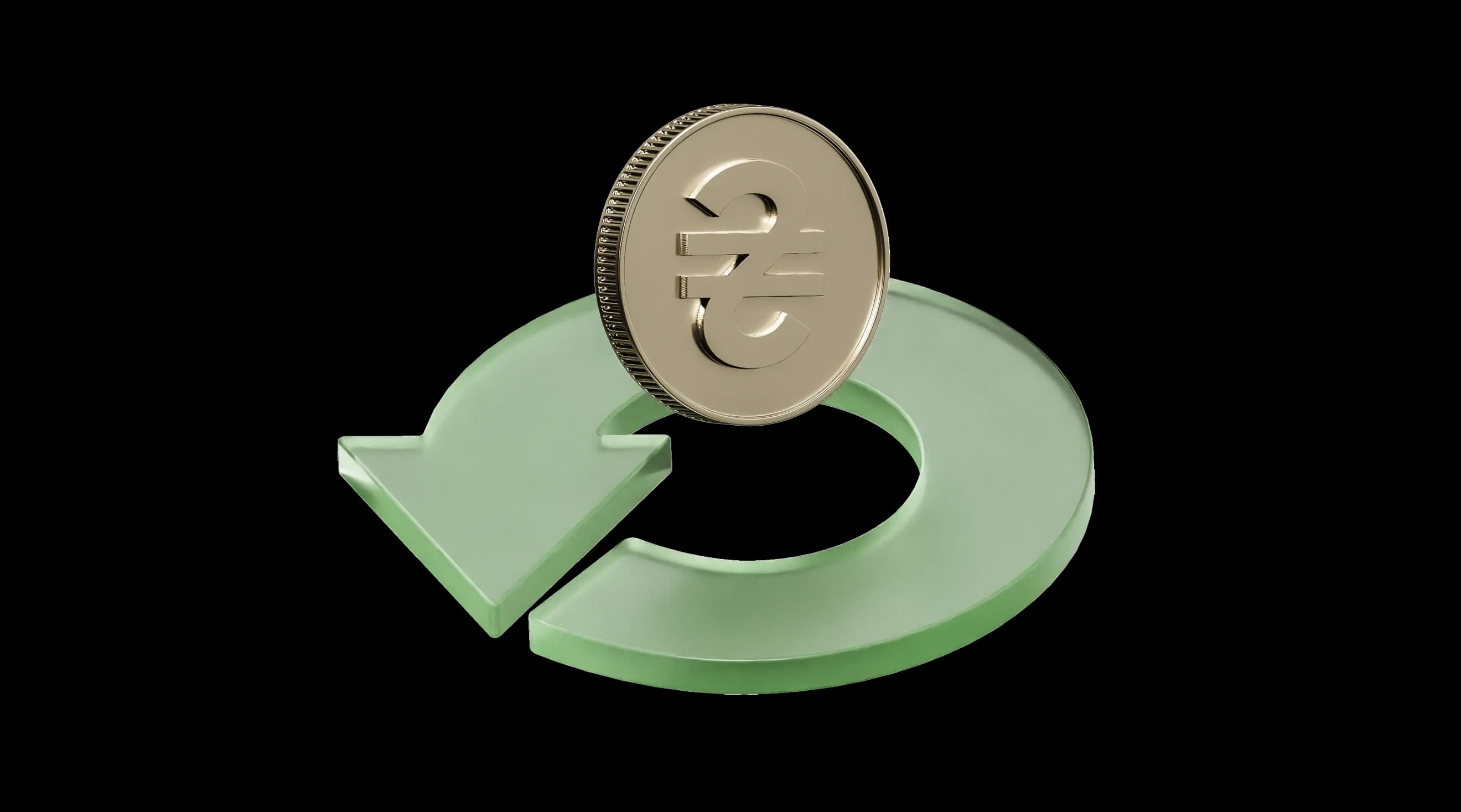 Золота монета зі знаком валюти стоїть на зеленій круговій стрілці Золота монета зі знаком валюти стоїть на зеленій круговій стрілці
