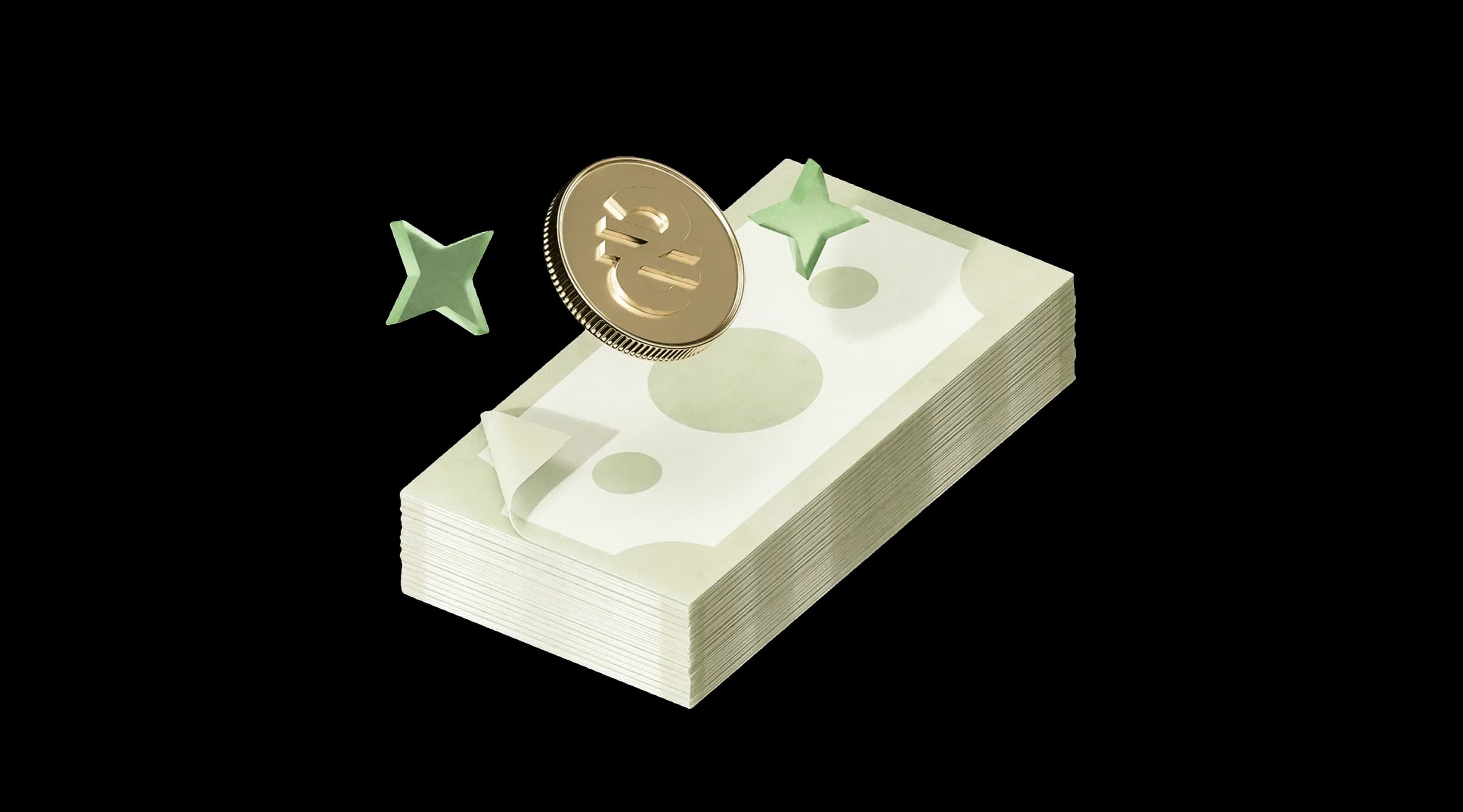 Стопка банкнот із золотою монетою та декоративними зірками поруч Стопка банкнот із золотою монетою та декоративними зірками поруч