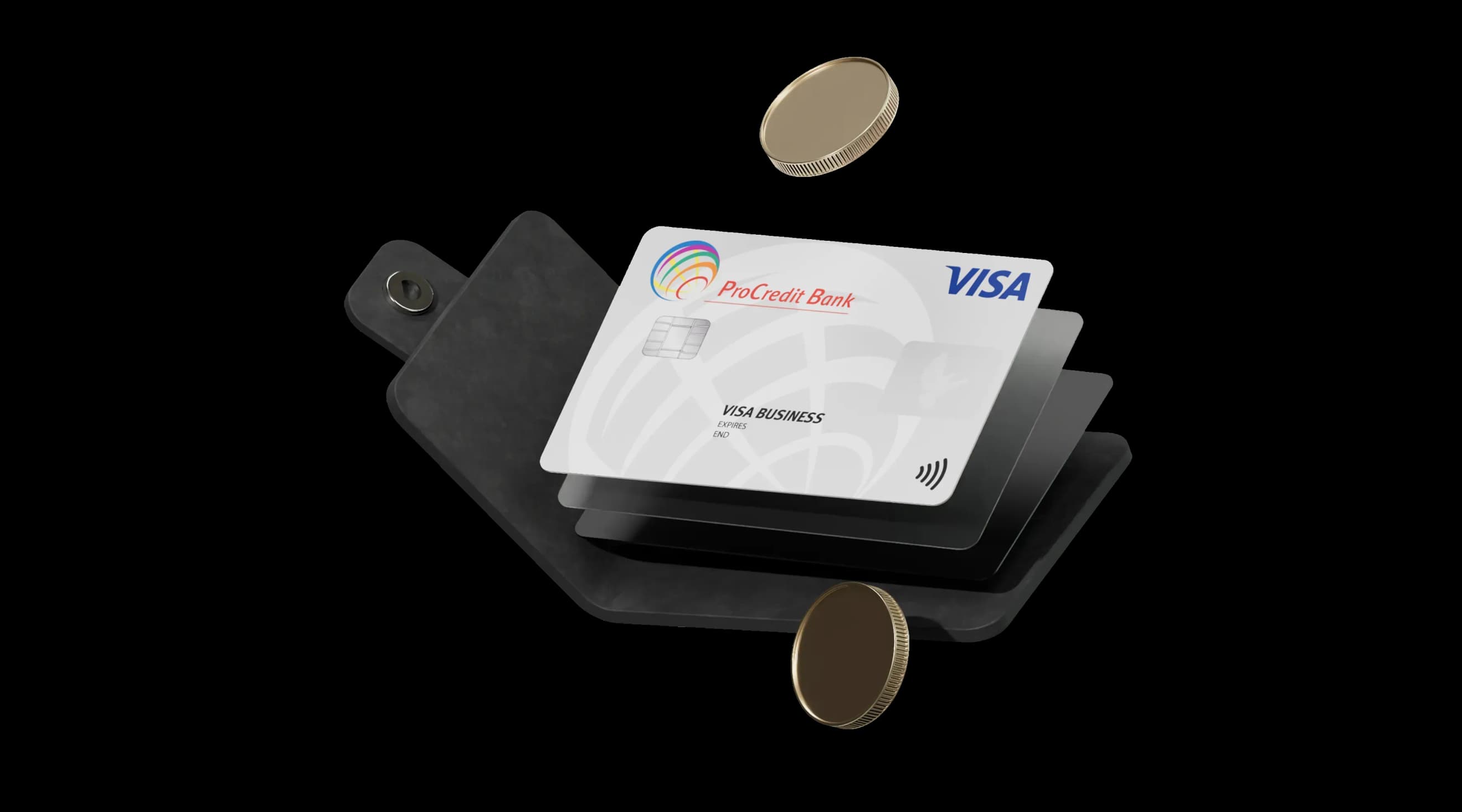 Корпоративна картка та монети, розміщені в розкритому чорному гаманці Корпоративна картка та монети, розміщені в розкритому чорному гаманці